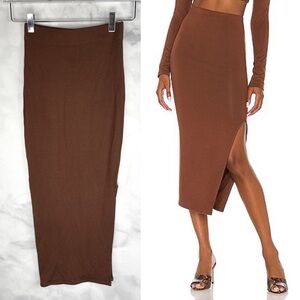 Revolve Re Ona Side Split Bodycon Midi Skirt High Waisted Stretch Knit Chocolate